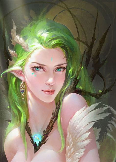 Fantasy Girl Blue Eyes Hair Long Beautiful Elf Fairy Green Hair