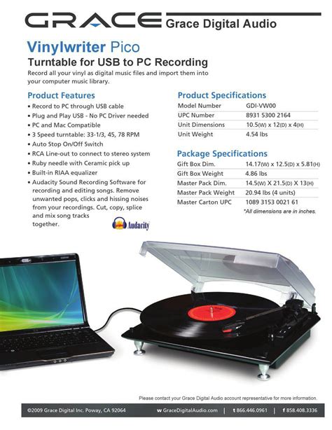 Grace Digital Audio Vinylwriter Pico Datos Técnicos And Especificación