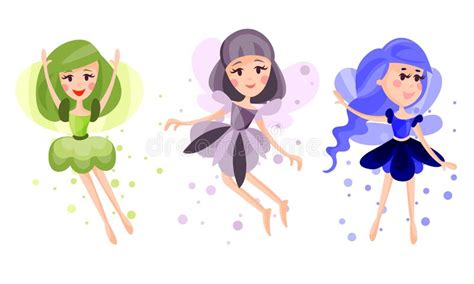 Cute Fairies Or Pixies In Pretty Dresses Flying Vector Illustration Set