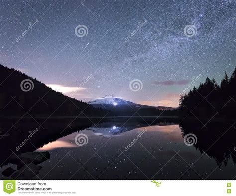 A Comet And Milky Way Rises Above Mt Hood Stock Photo Image Of Field