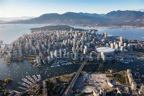 Aerial Photo Downtown Vancouver Skyline At Sunset
