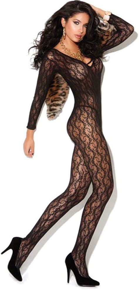 Elegant Moments Women S Long Sleeve Lace Body Stocking With Open Crotch Black One Size Amazon