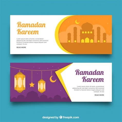 Ramadan Banners Collection With Mosque And Lamps Free Vector Flyer And