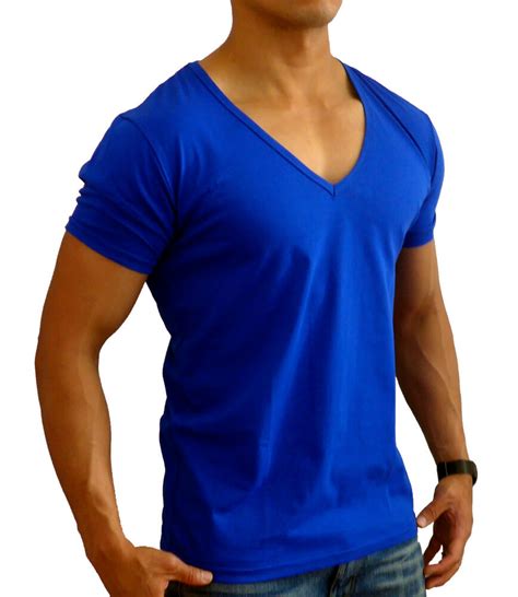 New Mens Plain Blue Deep V Neck T Shirt S Xxl Slim Fit Fashion Casual