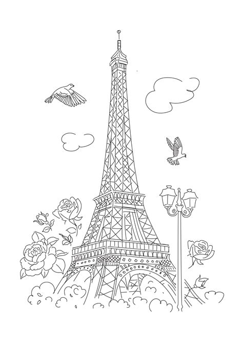 Torre Eiffel En París Rosas Farolillo Y Palomas Dibujo Lineal 3126228 Vector En Vecteezy