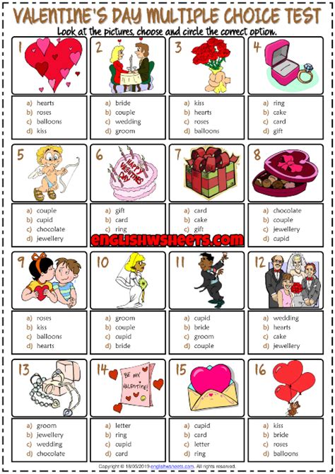 Valentines Day Esl Printable Multiple Choice Test For Kids