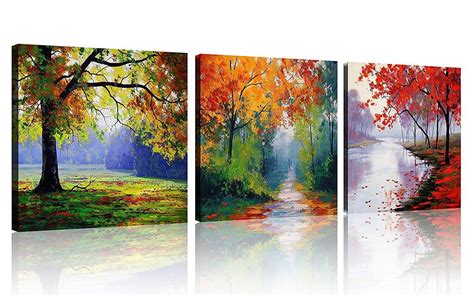 3 Panels Four Seasons Colorful Trees Wall Art On Canvas Painting With Stretched And