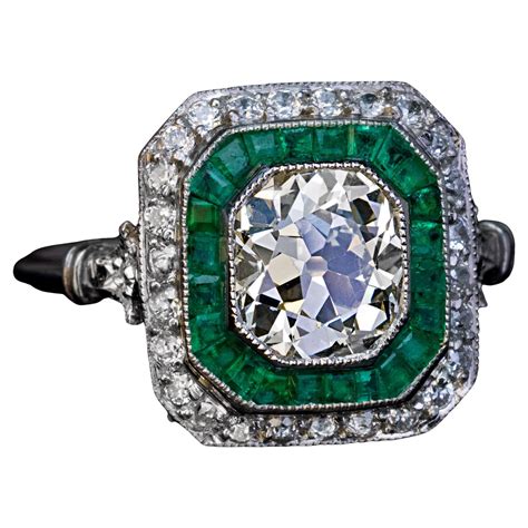 Art Deco Diamond And Emerald Engagement Ring At 1stDibs