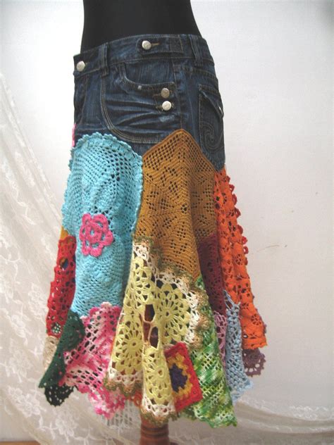 Boho Upcycled Crochet Denim Skirt Reworked Folk Skirt Bohemian Skirt