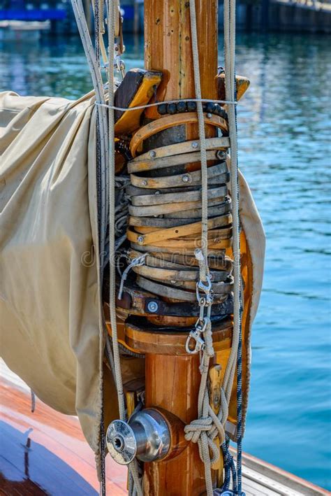 Wooden Mast An Gooseneck At A Classic Sailboat Stock Photo Image Of