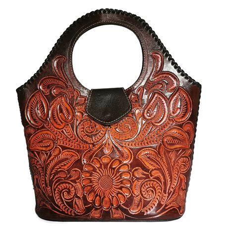 Leather Tote Bag Hand Tooled Leather Bagleather Bag Handbags Hand