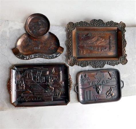 Lot Of 4 Vintage Embossed Copper Souvenir Trays Ashtrays Vintage