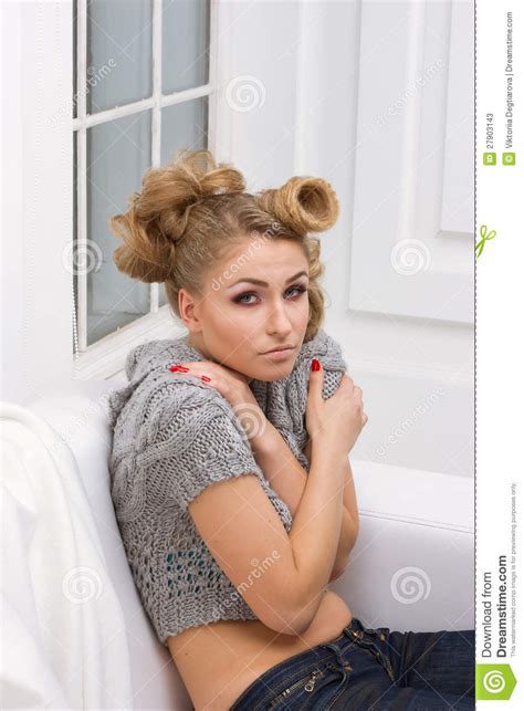 Beautiful Slim Blonde Girl In A Gray Jacket Stock Image