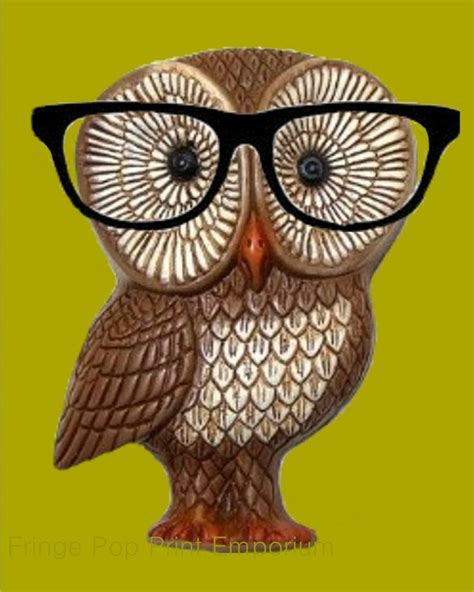 Nerd Owl Art Print 8 X 10 Hipster Owl Wearing Eyeglasses Kawaii Kitsch Vintage Retro 70 S
