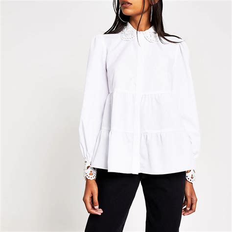 White Embroidered Collar Smock Shirt River Island Embroidered