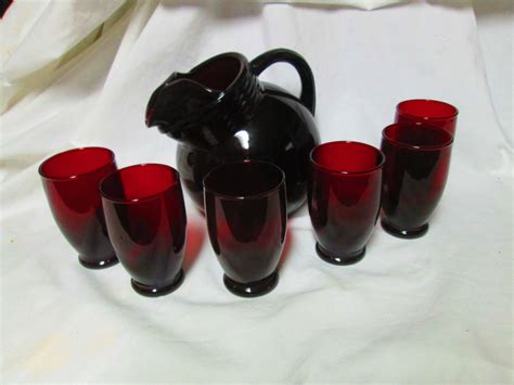 Vintage Glass Ruby Red Tilt Ball Small Pitcher And 6 Juice Glasses Carol S True Vintage And