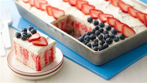 We may earn commission from the links on this page. Red, White and Blue Poke Cake recipe from Betty Crocker