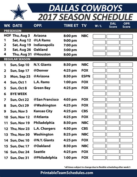 Printable Dallas Cowboys Schedule