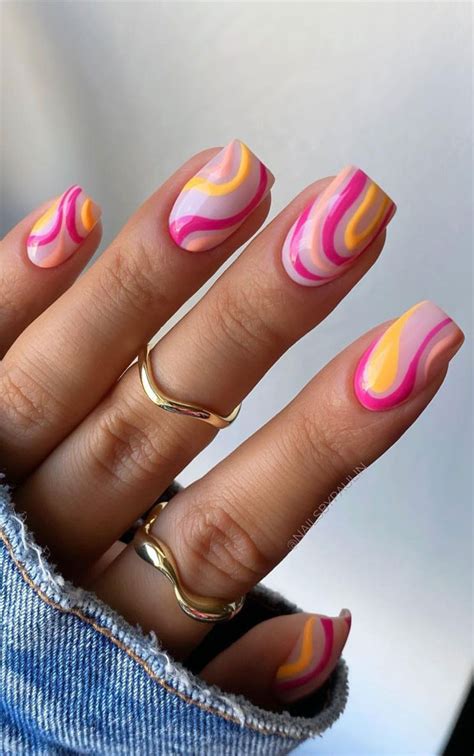 Summer Aesthetic Nails Designs Pink Yellow Swirl Nail Art