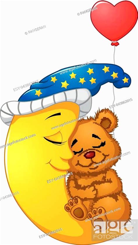 Vector Illustration Of Cartoon Teddy Bear Sleep On The Moon Stock