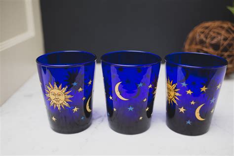 3 Blue Drinking Glasses 14oz Vintage Libbey Cobalt Blue Celestial Sun Moon Stars Cocktail