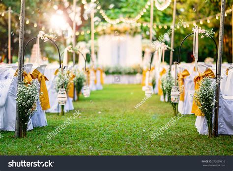 Beautiful Wedding Ceremony Garden Sunset Stock Photo