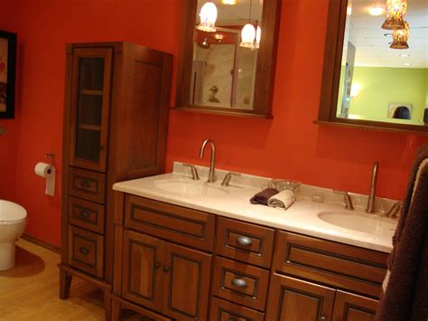 The elegantly arched surround integrates the dual vanities. Red Bathroom, Sink | Bathroom red, Bathroom, Master bathroom