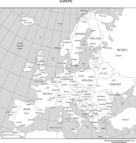 A Map Of Europe With All The Major Cities In Black And White As Well