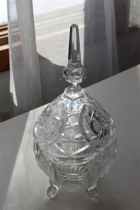 Vintage jeanette glass blue grape vine pattern footed candy dish with lid. vintage crystal clear glass candy dish, pinwheel pattern ...