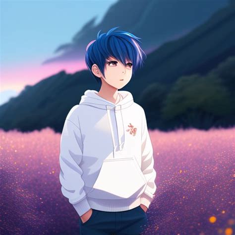 Unusual Wasp105 Anime Boy Wearing Blue Sweater With Hoodie And