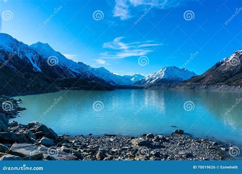 Tasman Glacier And Lake With Turquoise Blue Water And Mountains Stock