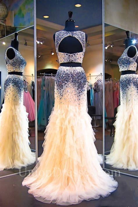 Mermaid Open Back Gold Tulle Ruffle Beaded Two Piece Prom Dress