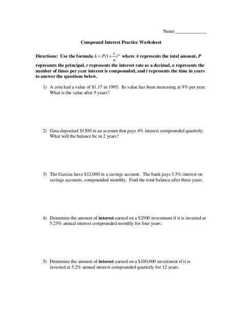 Compound Interest Worksheet