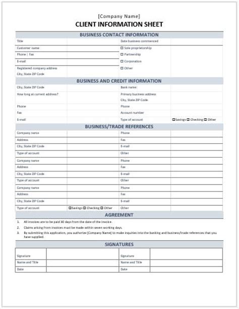 business format client information sheet word excel
