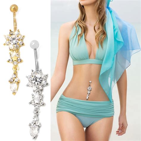 Chic Flower Rhinestone Dangle Navel Belly Button Ring Bar Body Piercing Jewelry In Body Jewelry