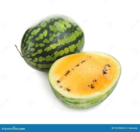 Whole And Cut Yellow Watermelons On White Background Stock Photo