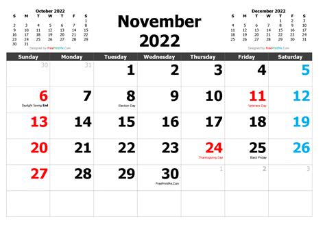 Free Printable November 2022 Calendar Pdf Png Image