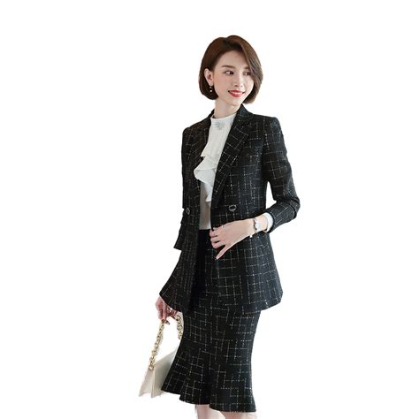 2020 Elegante Womens Womens & Blazers Womens Clothing Skirt Suits Plaid Blazer Suits Office Wear ...
