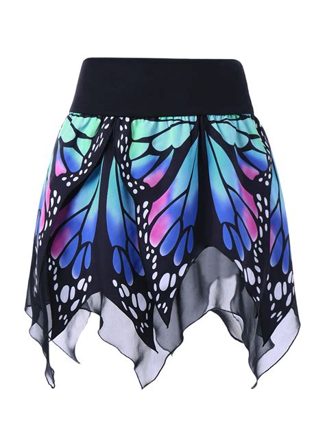 2018 High Waist Butterfly Print Handkerchief Skirt In Blue 2xl