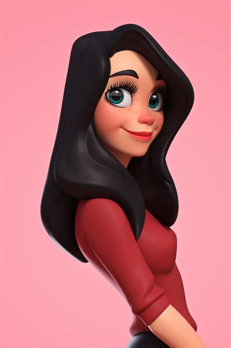 An Animated Woman With Long Black Hair And Blue Eyes Wearing A Red