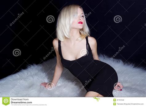 Beautiful Elegant Striking Blonde Woman With Bright Makeup Red Lips In