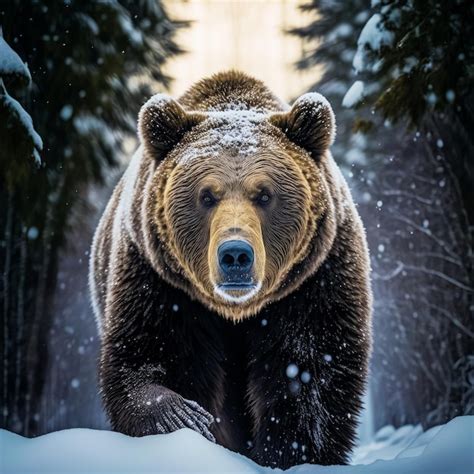 Premium Photo Large Brown Bear Walking Through Snowy Forest Generative Ai