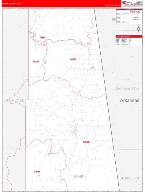 Adair County Ok Zip Code Wall Map Red Line Style By Marketmaps Mapsales