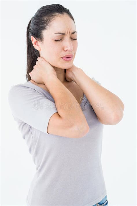 Brunette Suffering From Neck Pain Stock Photo Image Of Brown Studio