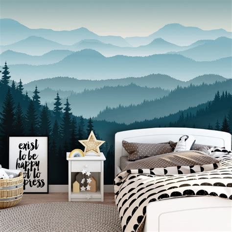 Ombre Blue Mountain Pine Forest Trees Removable Muralwallpaper Coloritto