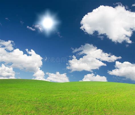 Green Hill Under Blue Cloudy Sky Whit Sun Stock Image Image Of Land