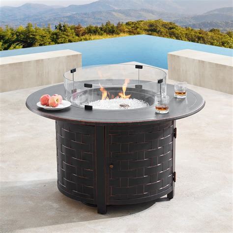 Oakland Living 44 In Round Aluminum Outdoor Propane Fire Table With Wind Blockers Fire Beads