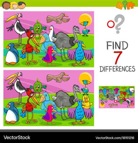 Spot Differences Game With Birds Characters Vector Im