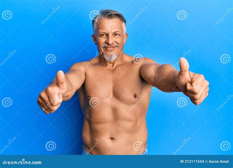 Middle Age Grey Haired Man Standing Shirtless Approving Doing Positive Gesture With Hand Thumbs