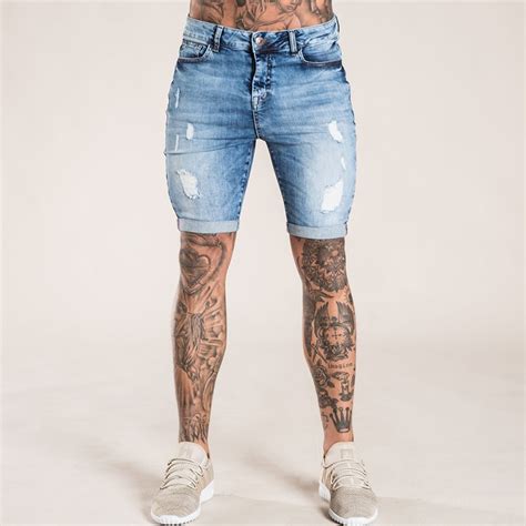Gingtto Skinny Shorts Ripped Repaired Distressed Jean Shorts Mens Guys